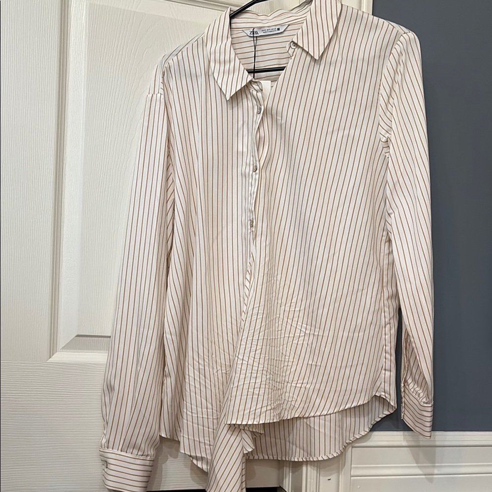 Zara White and Pink Striped Button Down Shirt